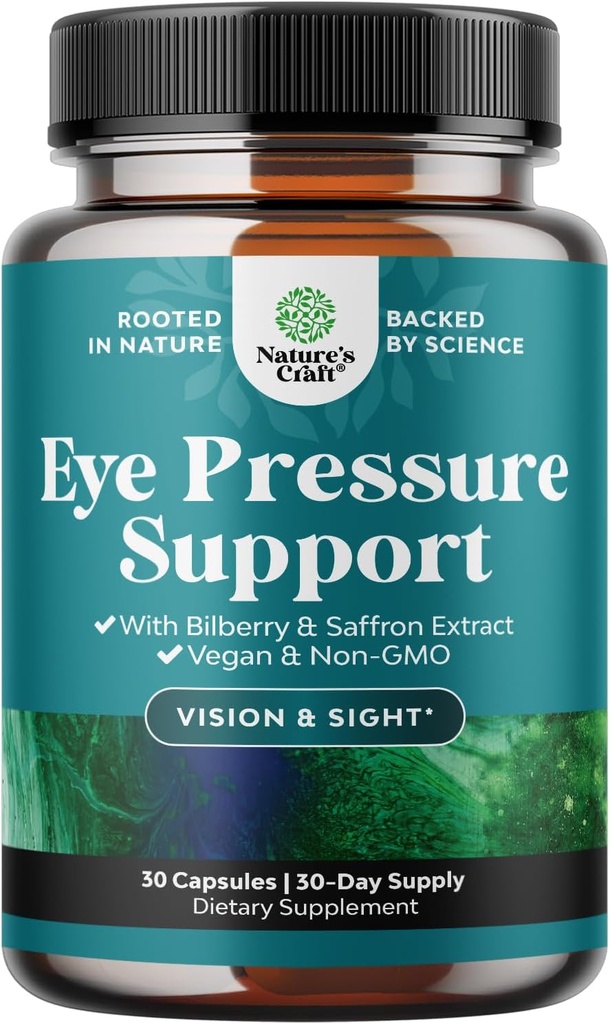 Eye Pressure Support with Bilberry Extract - Vegan Eye Health Supplement for Adults For Ocular Pressure Relief with Saffron Ginkgo Niacin and More Vitamins Vision Support (1 Month Supply)