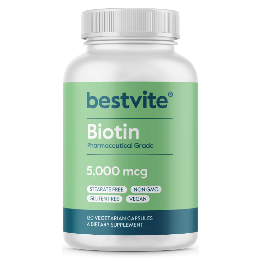 BESTVITE ビオチン5000mcg (120 ベジタリアンカプセル) - なし フローエージェント - ビーガン - 非GMO - グルテンフリー - 髪、皮膚、爪