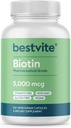 BESTVITE Biotin 5000mcg (120 Vegetarian Capsules) - No Stearates - No Flow Agents - Vegan - Non GMO - Gluten Free - Hair, Skin, Nails