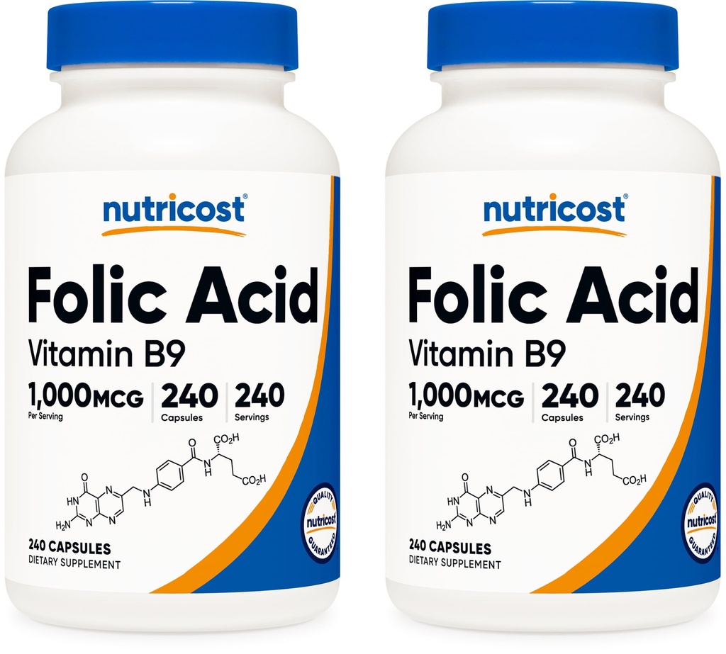 Nutricost Folic Acid (Vitamin B9) 1000 mcg, 240 Capsules (2 Bottles)