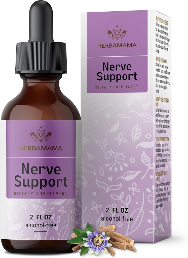 HERBAMAMA Nerveサポートサプリメント - ビーガンNerveサポートフォーミュラとAshwagandha&Bacopa Monnieri for Brain - Non-GMO、アルコール&砂糖フリーデイリーカミングドロップ大人、28日の供給