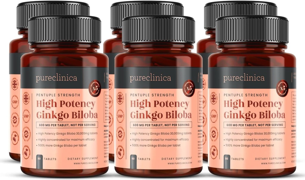 pureclinica High Potency Ginkgo Biloba 30,000mg x 540 Tablets (6 Bottles of 90) - 18 Months Supply - 5 Times The Strength of Competitor Products