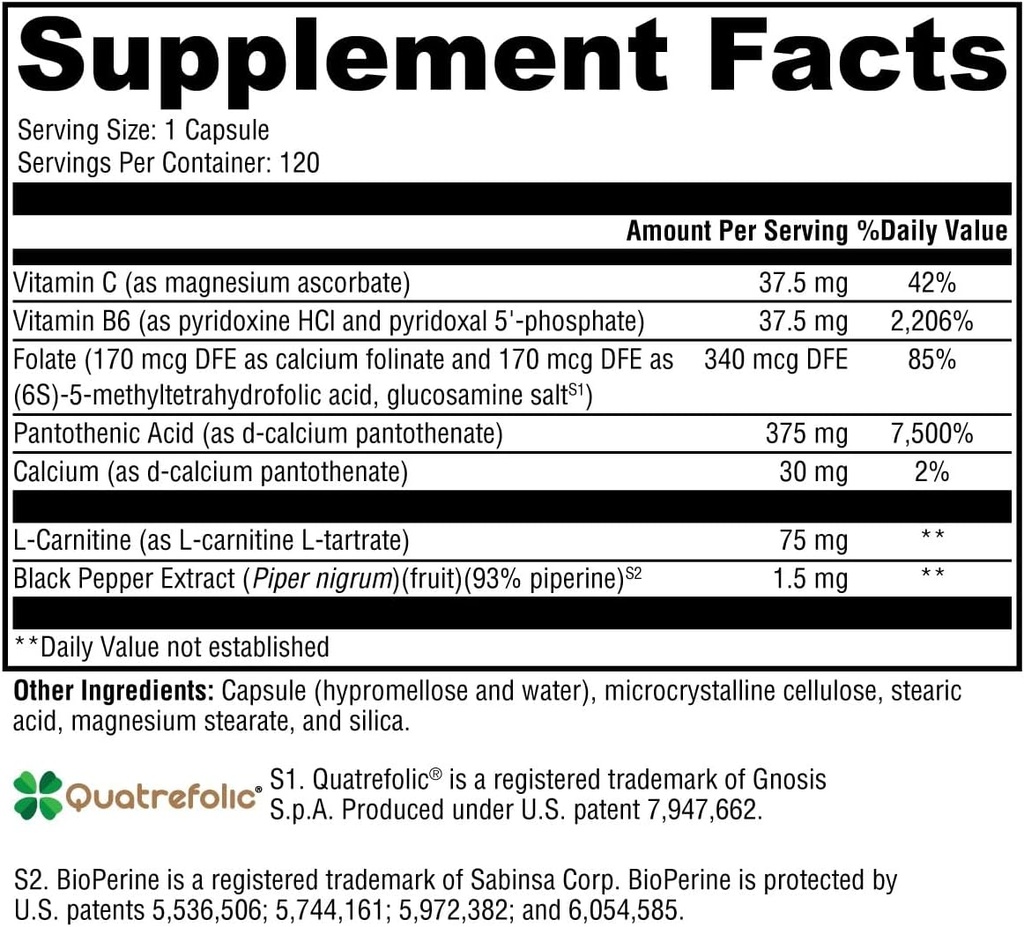 XYMOGEN Corticare B - Cortisol Adrenal Support Supplements with Vitamin C, L Carnitine & Bioavailable Quatrefolic Folate Supplement - Support Healthy Energy & Coenzyme A Production (120 Capsules)