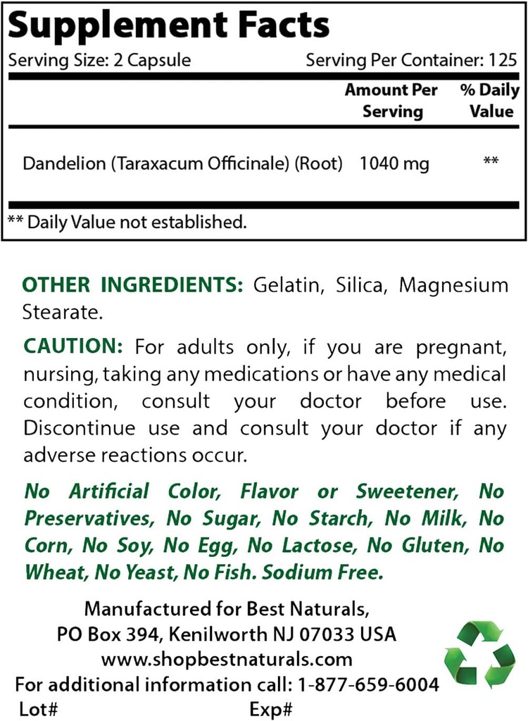 Best Naturals Dandelion Root 520 mg & Vitamin K2 (MK7) with D3