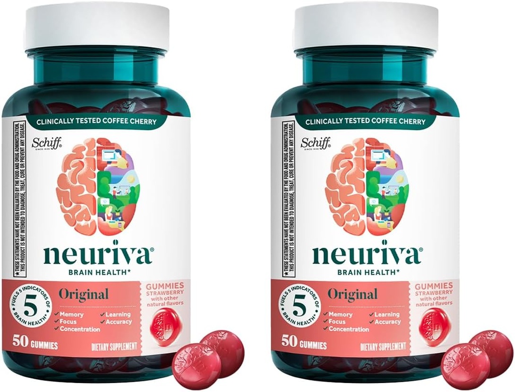 NEURIVA オリジナル ブレイン メモリ、フォーカス&集中力 + 臨床的にテストされた Nootropics Phosphatidylserine と Neurofactor、いちご味、50 グミ (2パック)
