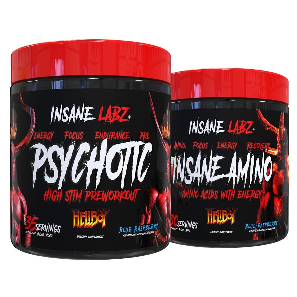Insane Labz Hellboyバンドル、精神的なヘルボーイプレワークアウトとInsane Amino BCAA、増加筋肉量、強さ、焦点および回復時間、青いラズベリー