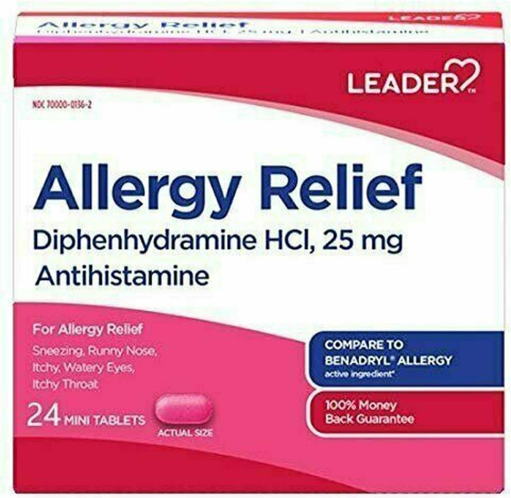 リーダーのAntihistamineのアレルギーの救助のDiphenhydramine HCl、25mg小型タブレット、24の計算