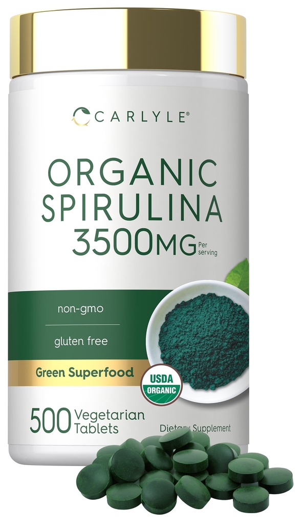 Carlyle Organic Spirulina タブレット 3500mg | 500 カウント | 非GMO & グルテンフリーサプリメント