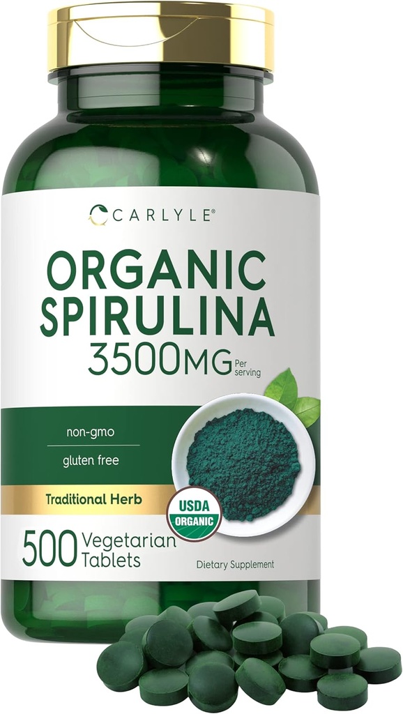 Carlyle Organic Spirulina タブレット 3500mg | 500 カウント | 非GMO & グルテンフリーサプリメント