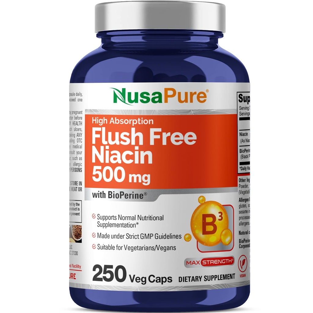 NusaPure Flush Free Niacin - Suitable for Vegetarian/Vegan, Non - GMO - 500 mg - 250 Capsules