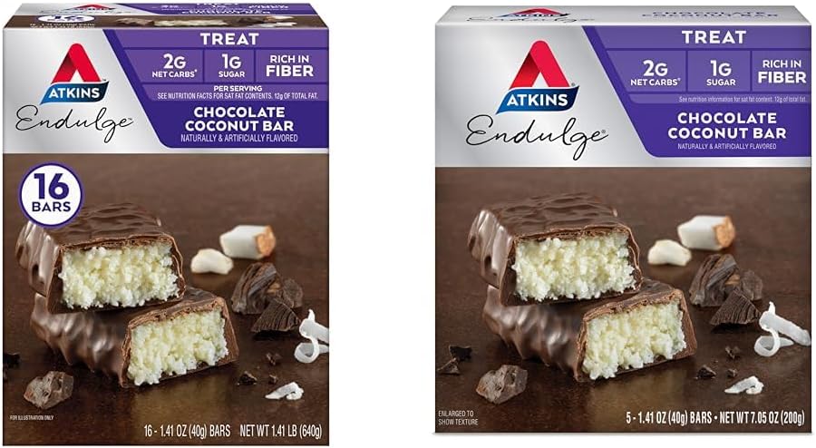 AtkinsのEndulgeのチョコレート ココナッツ棒16の計算及び5の計算は、チョコレートおよびココナッツ味、繊維の高い、1gの砂糖/サービングとデザートのお気に入りを束ねます