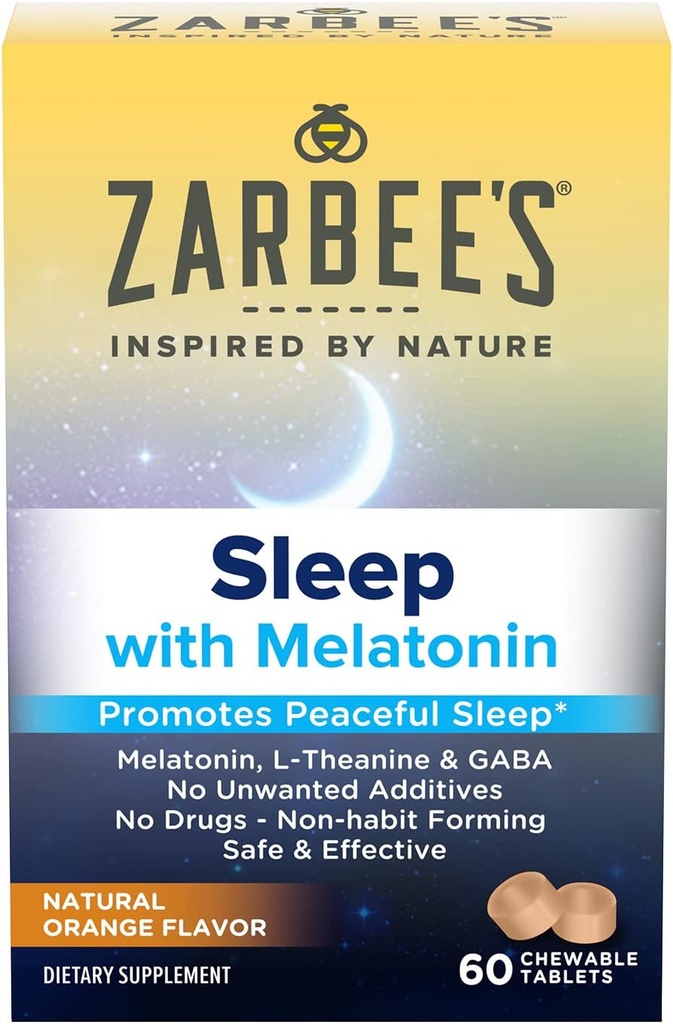 ZarbeeのMelatonin 5mg、L-Theanine + GABAの睡眠の補足は平和な睡眠、自然なオレンジ味、大人の年齢12のためのChewableタブレットを、60の計算促進します