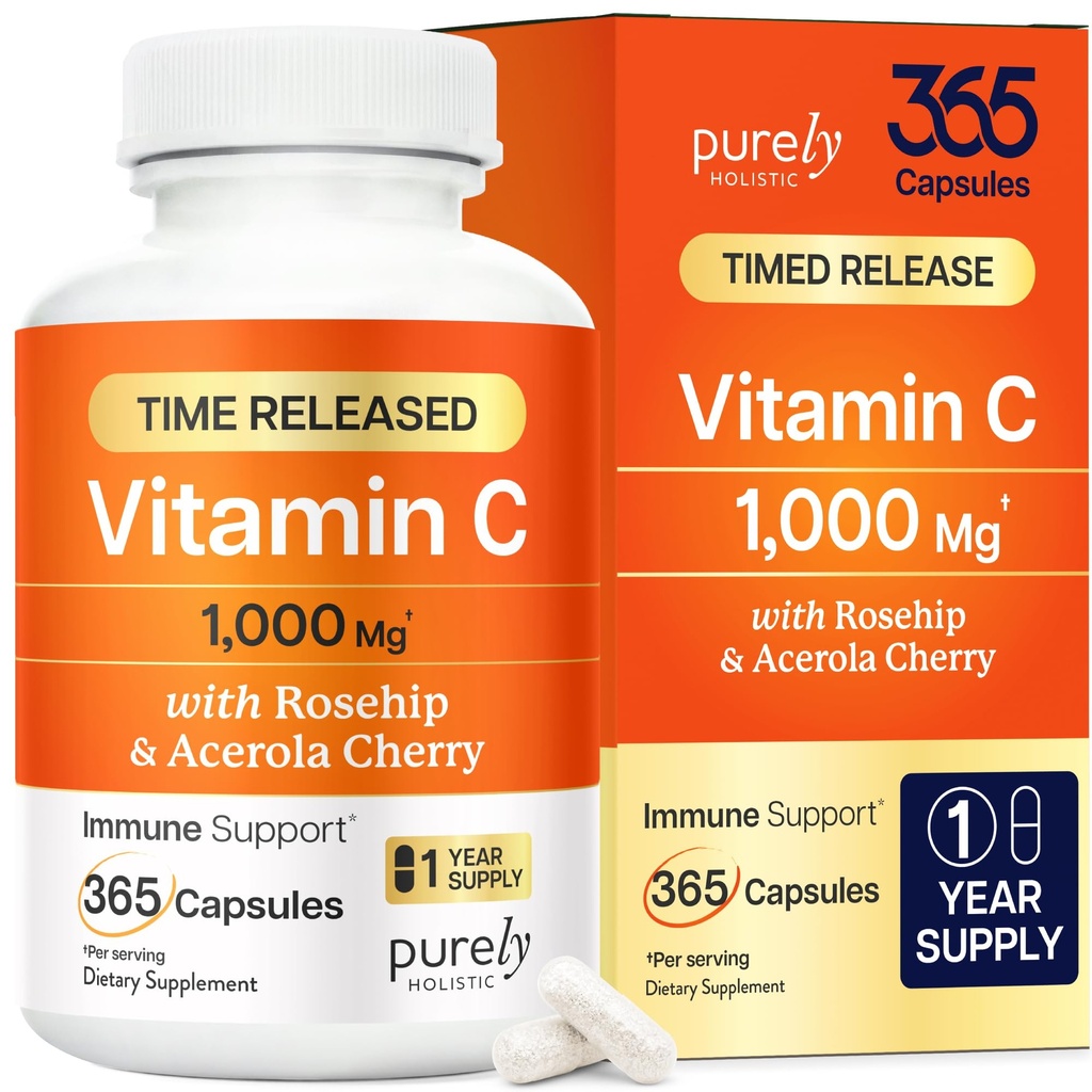 純粋にHolisticビタミンC 1000mg、365のカプセル、12か月の供給、2段階はアスコルビン酸、Rosehip及びAcerolaのチェリーのBioflavonoid、免疫システム サポート、ビーガンと解放を時間を計りました