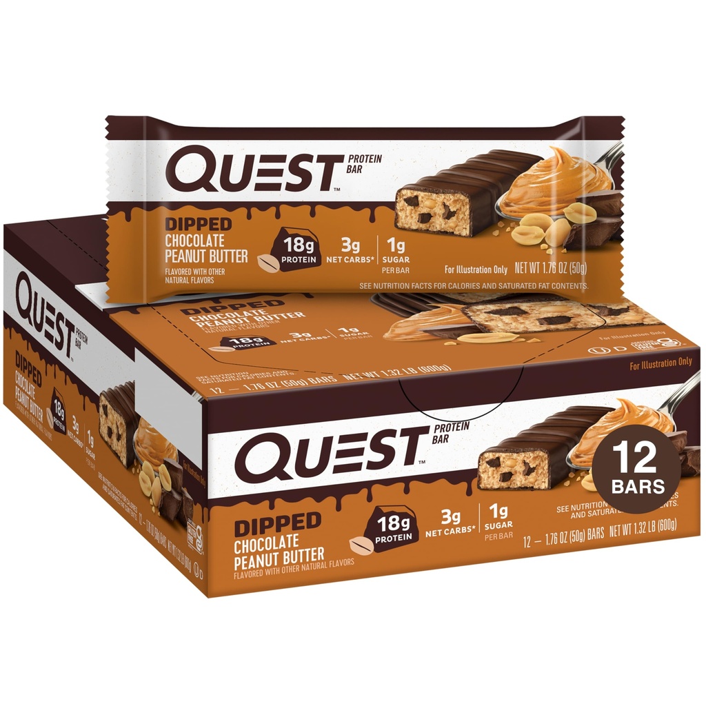Quest Nutrition Dipped Chocolate Peanut Butter Protein Bar, 18g Protein, 1g Sugar, 3g Net Carbs, Gluten Free, 12 カウント