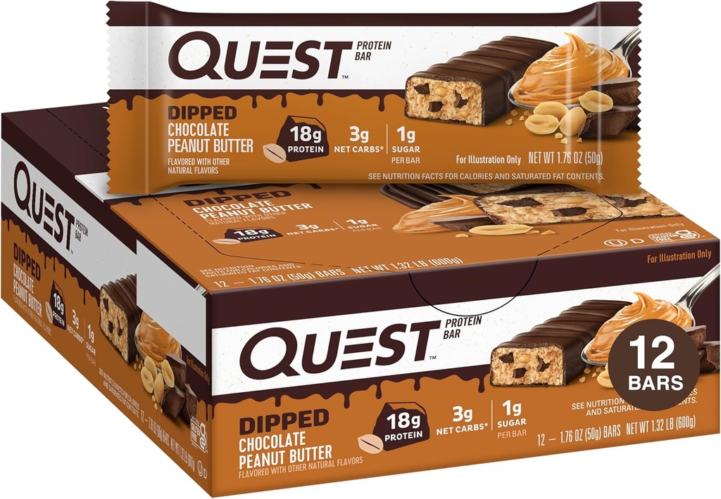 Quest Nutrition Dipped Chocolate Peanut Butter Protein Bar, 18g Protein, 1g Sugar, 3g Net Carbs, Gluten Free, 12 カウント
