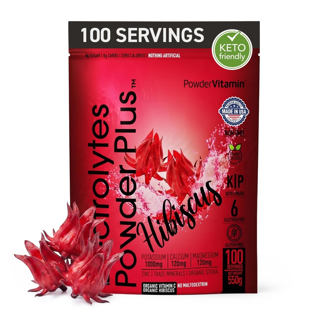 PowderVitamin の電解質の粉のプラス (100 のサービング) Hibiscus の電解質の粉 ゼロ Calorie Keto,0 砂糖、Maltodextrin、1000mg カリウム、120mg マグネシウム、水和の粉無し