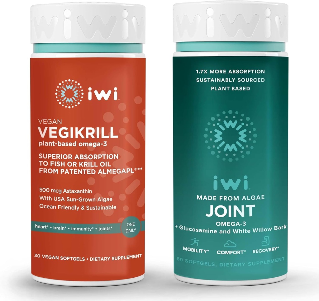 iwi life Vegikrill&ジョイントオメガ-3バンドル、30サービング、ビーガン植物ベースの藻オメガ3、Krill&フィッシュオイル代替、魚介のアフターテイストなし
