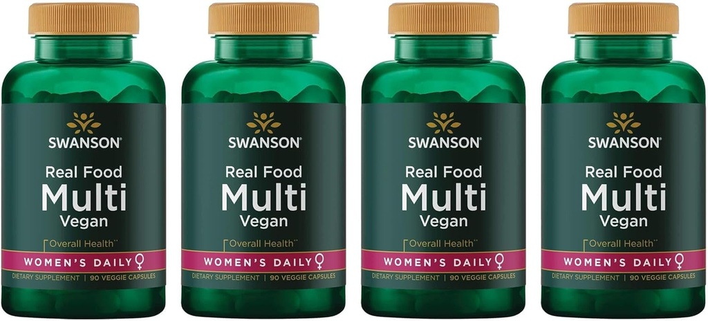 Real Food Multi Women's Multivitamin Multimineral Women's Health Urinary Tract Stress Response Bone Hair Skin Nails Support Supplement Vegan Gluten-Free Non-GMO 90 Veggie Capsules Veg Caps (4 Pack)