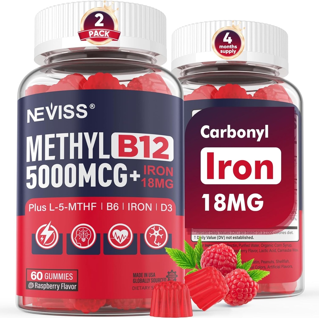 NEVISSメチルB12のビタミン5000のmcgのグミー+女性のための鉄18のmg -活動的なMethylcobalaminメチル化されたB12ビタミンの補足w/L-MethylFolate、エネルギー及び焦点サポートのためのB6 (P5P)及びD3、120のサービング