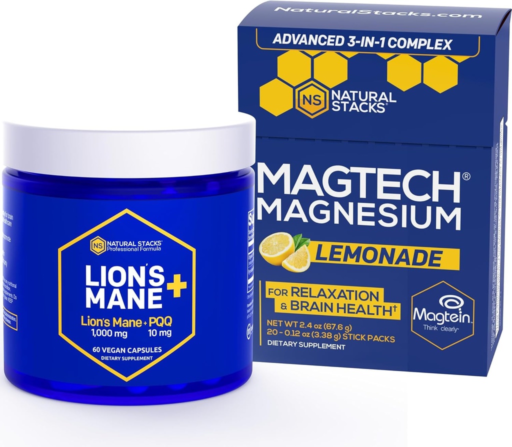 NATURAL STACKS Magtech Magnesium Lemonade Drink Mix + Lions Mane Mushroom Supplement Bundle - Supports Relaxation, Brain Health & Memory* - 50 Servings