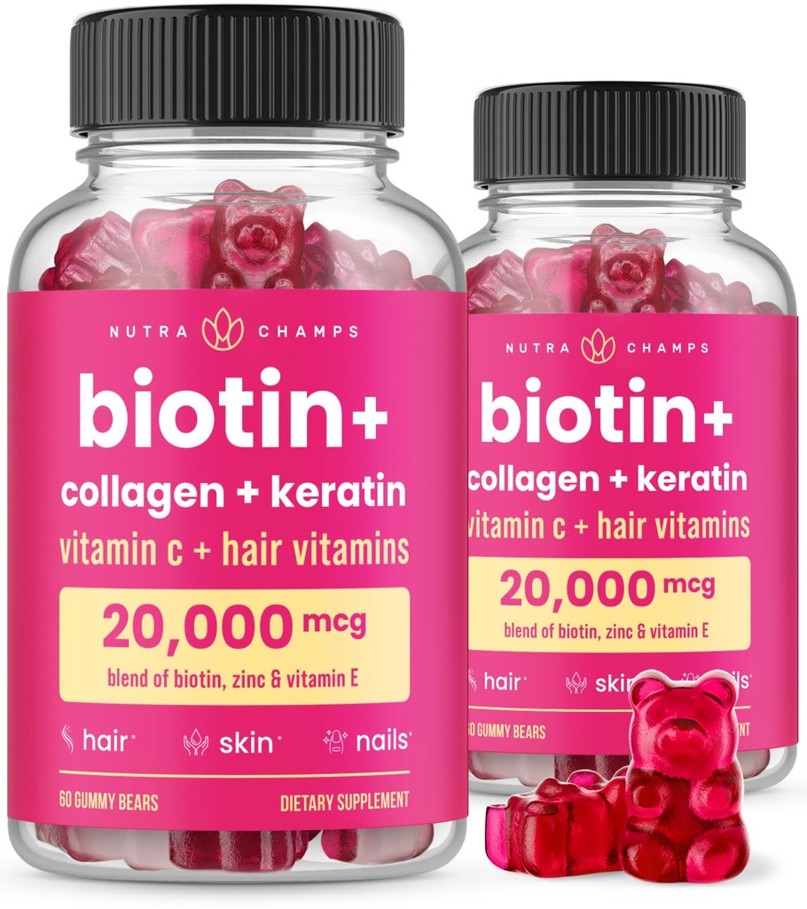 NutraChamps 毛皮及び釘のグミー、コラーゲン及びケラチン、5000mcg ビオチンの美のコンプレックス、ビタミンの補足、ベリー、120の計算、健康な毛、放射性皮及び強い釘(パッケージ2)