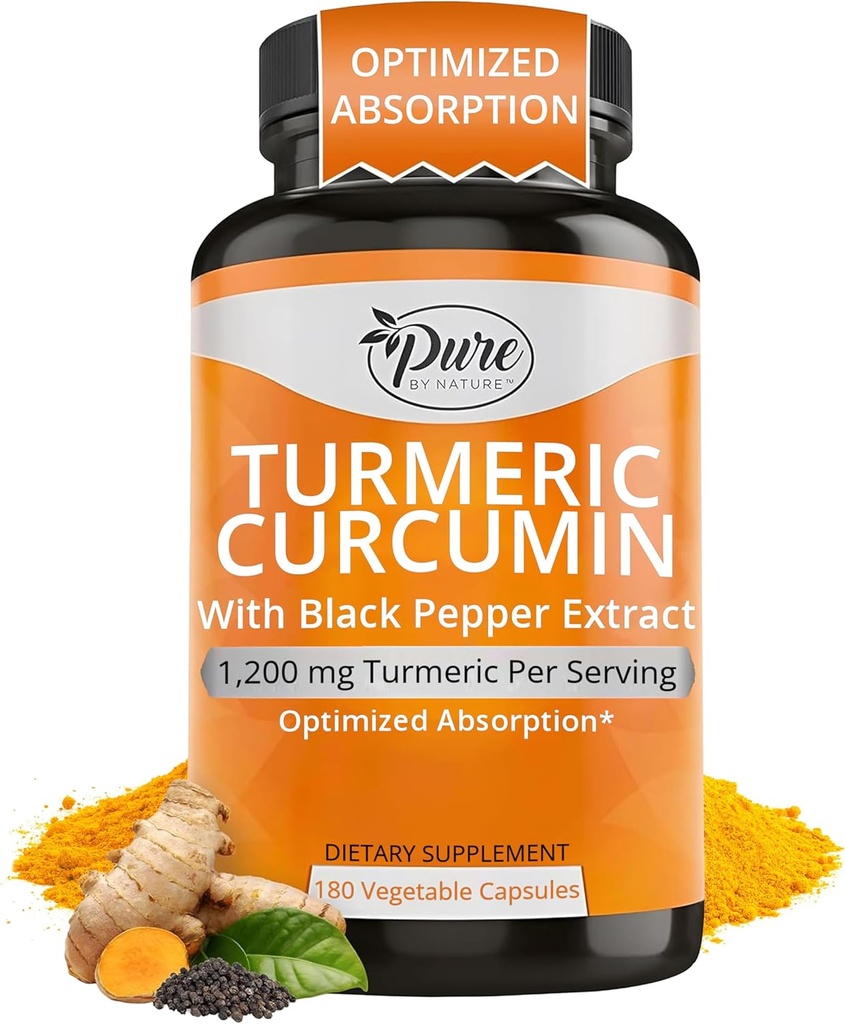 Pure By Nature Turmeric Curcumin with Black Pepper Extract 10 mg Capsules, 1200 mg per Serving, Organic, High Absorption Antioxidant Support (180 Count)