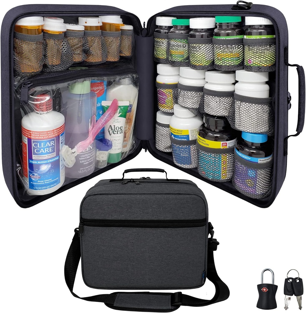 Extra-Large Pill Bottle Organizer, Medicine Bag, Carrier for Medications, Vitamins, and Medical Supplies - Modular Travel Medicine Organizer and Home Storage Med Bag - Dark Gray (with Lock)
