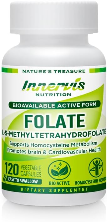 Bioactive Folate (L-5-MTHF 1000mcg、 Folate 1700mcg) - 脳と気分のサポート、簡単に飲み込む、120ベジカプセル