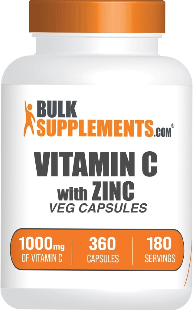 亜鉛カプセル付きBulkSupplements.comビタミンC - ビタミンC 1000mg&亜鉛15mg、免疫サポート - ビーガン、サービングあたり2カプセル、360ベジーカウント(パッケージ1)