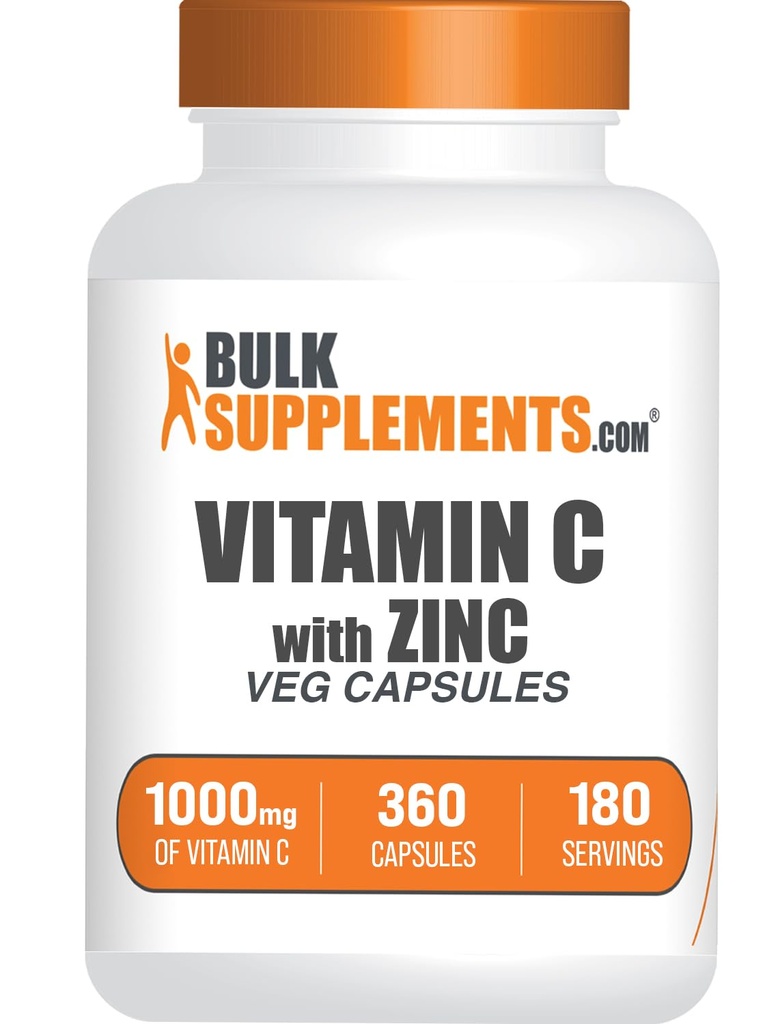 BulkSupplements.com ビタミンCと亜鉛カプセル - ビタミンC 1000mg&亜鉛15mg、免疫サポート - ビーガン、サービングあたり2カプセル、360ベジーカウント(パッケージ1)