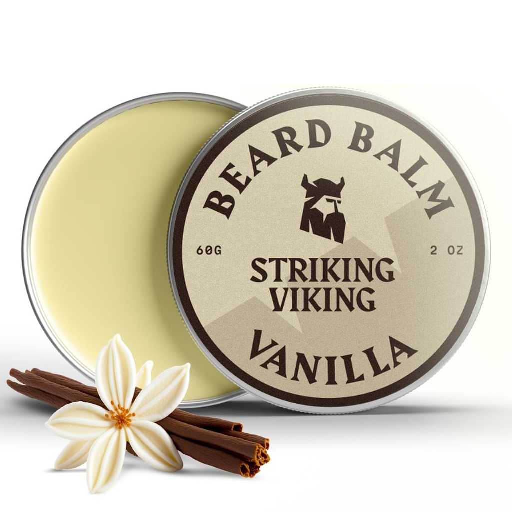 男性のStriking Viking Beard Balm - ベアードコンディショナ - 天然由来のベアドバター、アーガン&ホホホバ油で作られたバルムをStyling - ベアードコンディショナ - バルムを脱退 - バルムを脱退 - ベアードバター、アーガン&ホホホバ油(2オンス)、バニラ