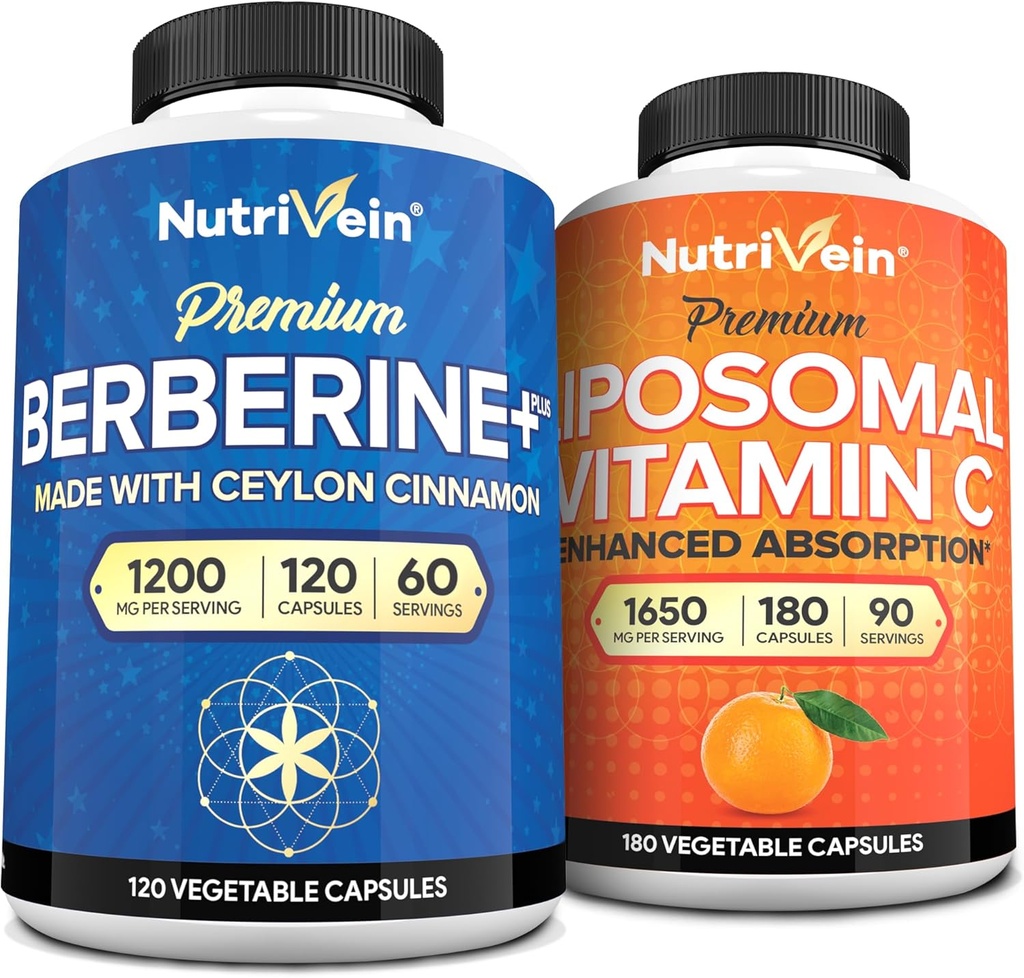 Nutrivein Premium Berberine&LiposomalビタミンCサプリメント:免疫、代謝、バランスの取れた健康のための高吸収ビタミンCカプセル&ベルベリンサプリメントバンド