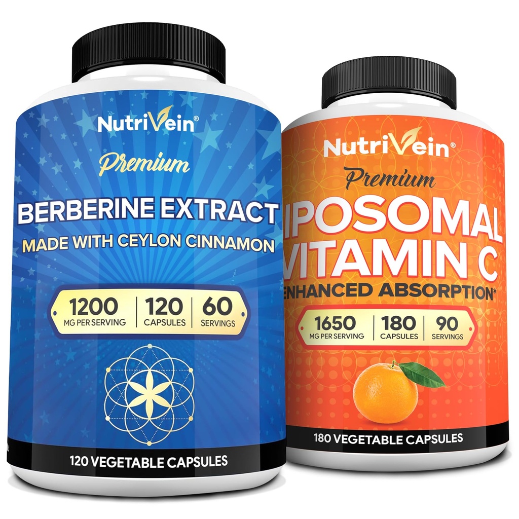Nutrivein Premium Berberine&LiposomalビタミンCサプリメント:免疫、代謝、バランスの取れた健康のための高吸収ビタミンCカプセル&ベルベリンサプリメントバンド