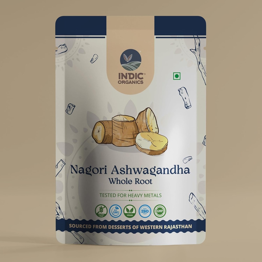 INDIC ORGANICS Nagori Ashwagandha Root | 高効力の古代ヴェーダ・エラ・ストレイン | 重金属検査 | 非GMO | インド洋ラジャスターン砂漠(全根250グラム)
