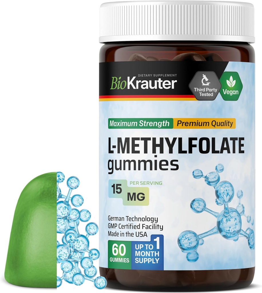 BIO KRAUTER L Methylfolate グミ - 25 mg DFE - 60 ビーガン咀嚼 - MTHF サプリメント - 葉酸サプリメント - 葉酸グミ (ビタミンB9) - ゼラチンフリーフォーミュラ
