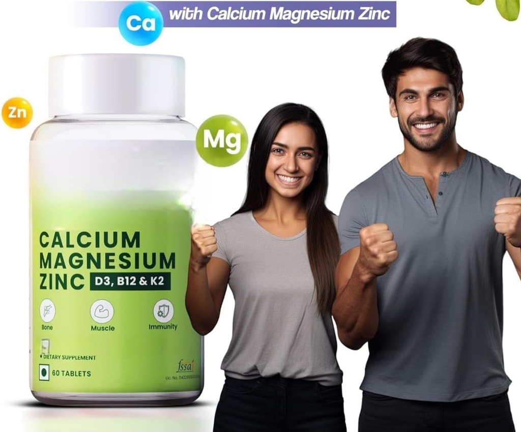 Calcium, Magnesium, Zinc with Vitamin D3 & B12, 1000mg I 60 Veg Tablets|Support Strong Joints Health |for Both Men & Women, 1 Count, 60 Capsules