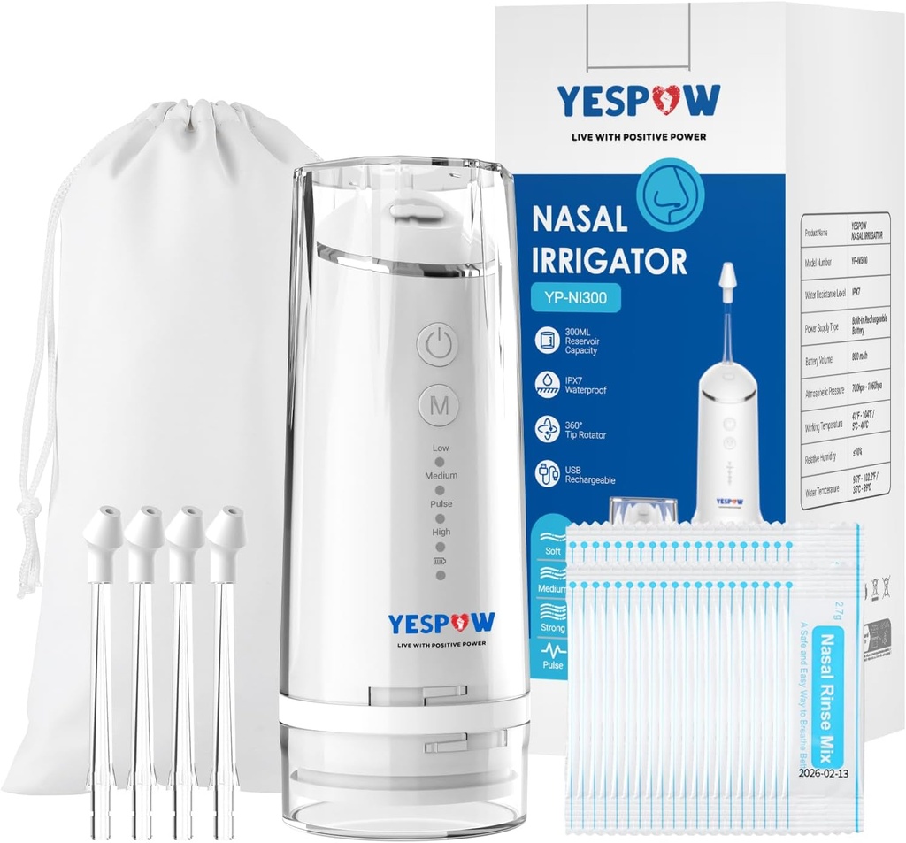 鼻灌漑システム - YESPOW電気Netiポットノーズクリーナー - 鼻洗浄のための4つのモードを備えたSinus Rinseマシン - 鼻灌漑器と40パケットSinusフラッシュと救済のためのサリン