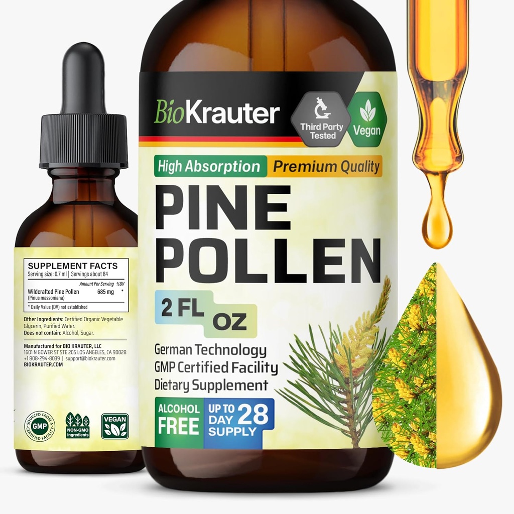 BIO KRAUTER Pine Pollen Tincture - Pine Pollen Powder Liquid Extract for Immune Support - Alcohol & Sugar Free Natural Herbal Supplement - 2 Fl.Oz.