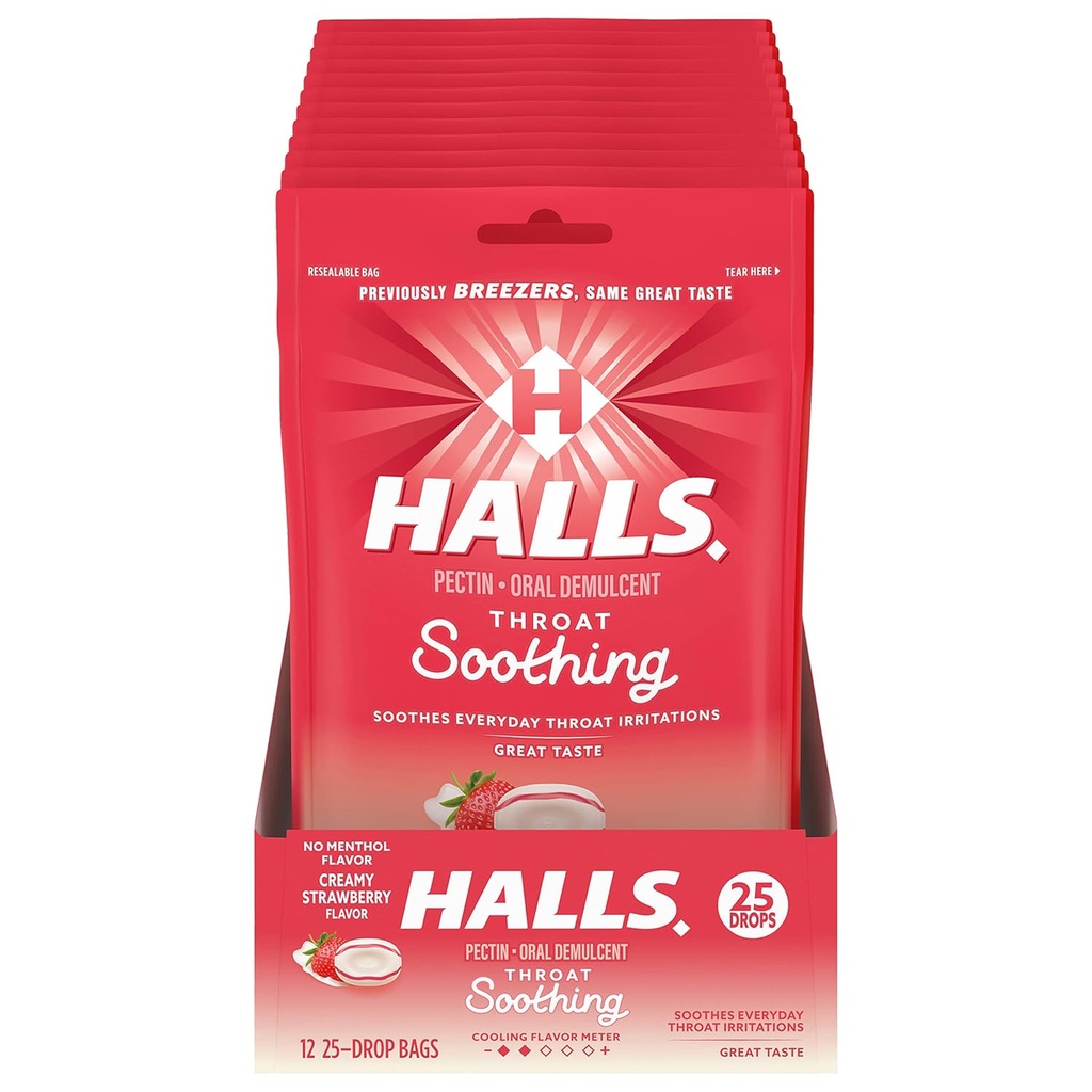 HALLS Throat Soothing(以前はHALLS Breezers)クリーミーなイチゴの喉のドロップ、12バッグ25ドロップ(300トータルドロップ)
