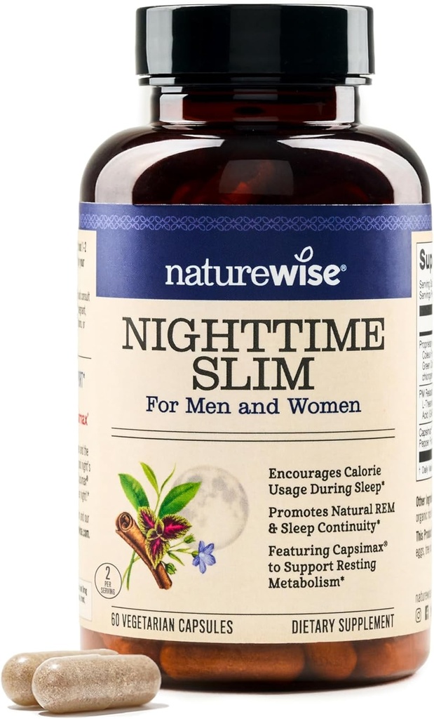 Naturewise Nighttime Fitness Support Supplement & Natural Sleep Aid with Cayenne Extract, Green Coffee Bean, GABA, L-Theanine - Vegetarian, Non-GMO - 60 Capsules[1-Month Supply]