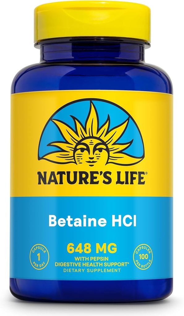 NATURE'S LIFE Betaine HCL with Pepsin - Gut Health Support - High Potency Hydrochloric acid Supplement、60 日保証、100 のサービング、100 カプセル
