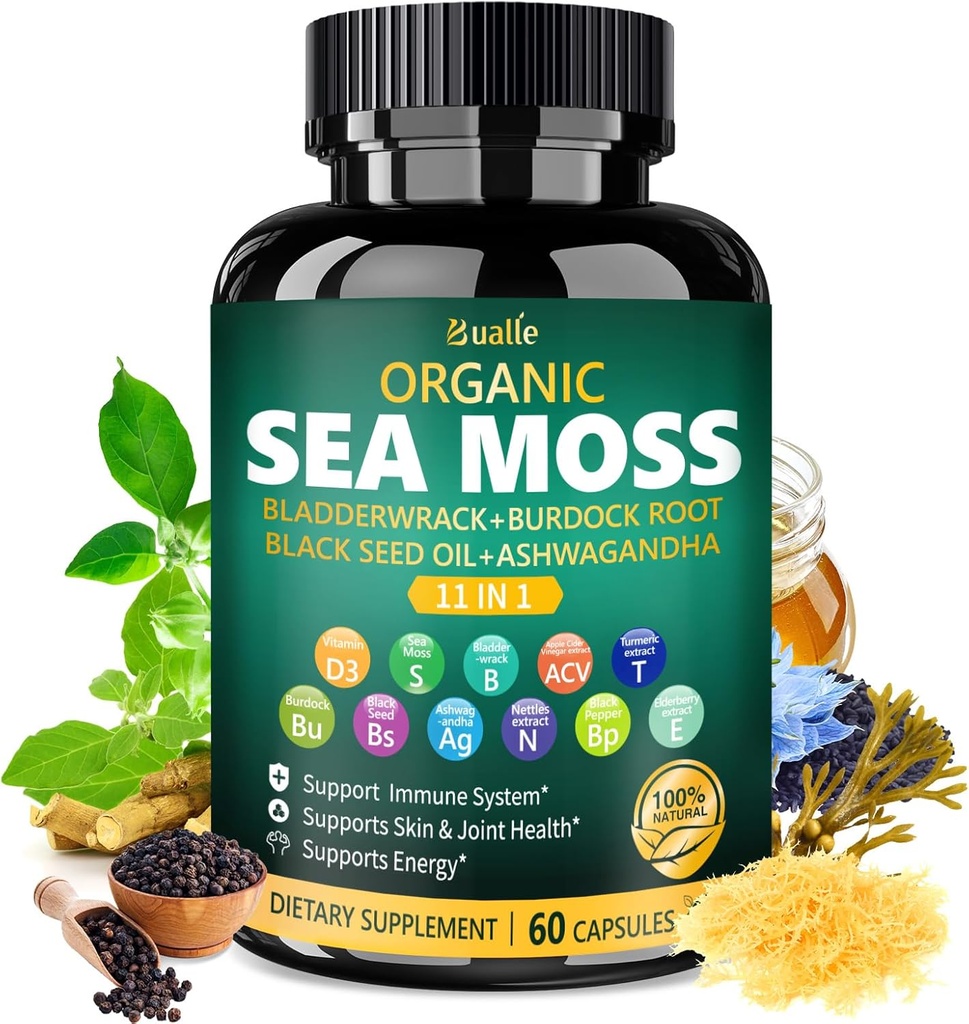 Bualle Organic Sea Mosssは、ブラックシードオイル、アシュワガンダ、ブラッドダーラック、ジンジャー&ブルドックルート、毎日のウェルネスのためのハーブコンプレックス - 60カプセル(1パック)