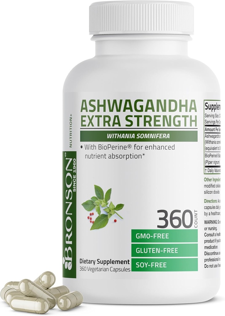 Bronson Ashwagandha Extra Strength Stress & Mood Support with BioPerine - Non GMOフォーミュラ、360ベジタリアンカプセル