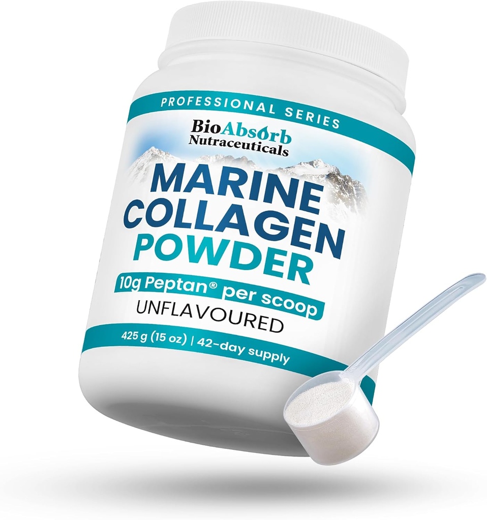 Bio Absorb Marine Collagen Powder, Extra Strength w/Peptan (Type 1 Hydrolyzed Collagen Peptides), 15 oz, 42-Day Supply