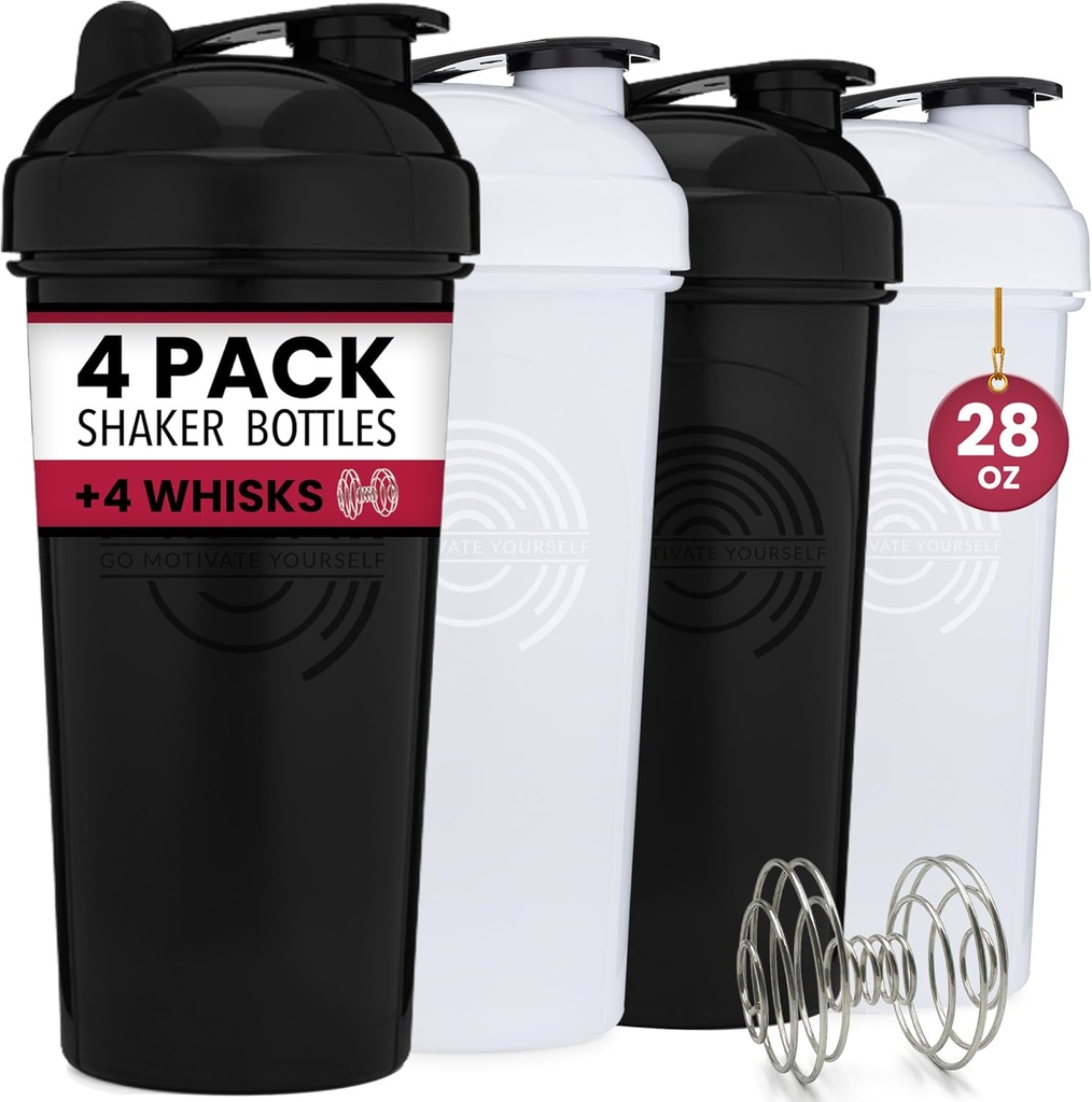 GOMOYO 4-Pack - 28 Ounce Protein Shaker Bottle for Mixes, 4xWire Whisk, Leak Proof Bulk Supplement Mixs and Pre-Workout Shaker Cup, Dishwasher Safe & BPA Free, ブラック&ホワイト