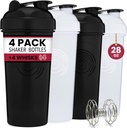 GOMOYO 4-Pack - 28 Ounce Protein Shaker Bottle for Mixes, 4xWire Whisk, Leak Proof Bulk Supplement Mixs and Pre-Workout Shaker Cup, Dishwasher Safe & BPA Free, ブラック&ホワイト