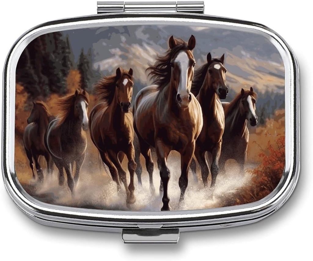 Horses Square Pill Box, 2 Compartment Decorative Pocket Pill Box for Pocket Or Purse Portable Mini Travel Medicine Tablet Vitamin Holder Organizer Pill Case