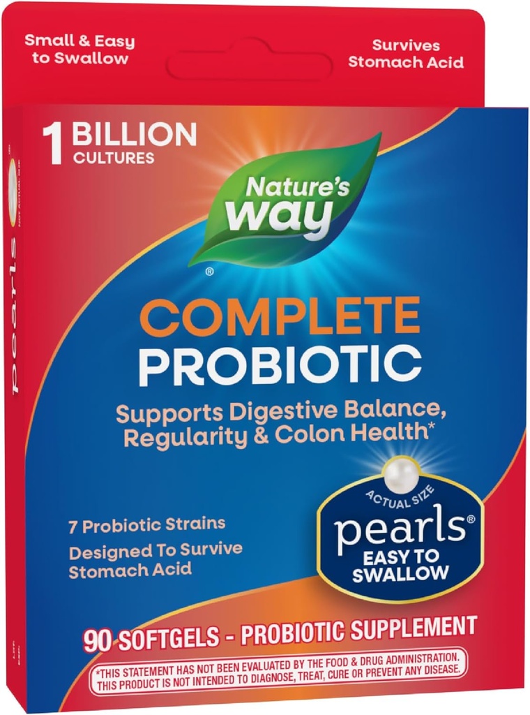 Nature's Way Complete Probiotic Pearls, Supports Digestive Balance*, 1 Billion Live Cultures, Supplement for Men and Women, No Refrigeration Required, 90 softgels