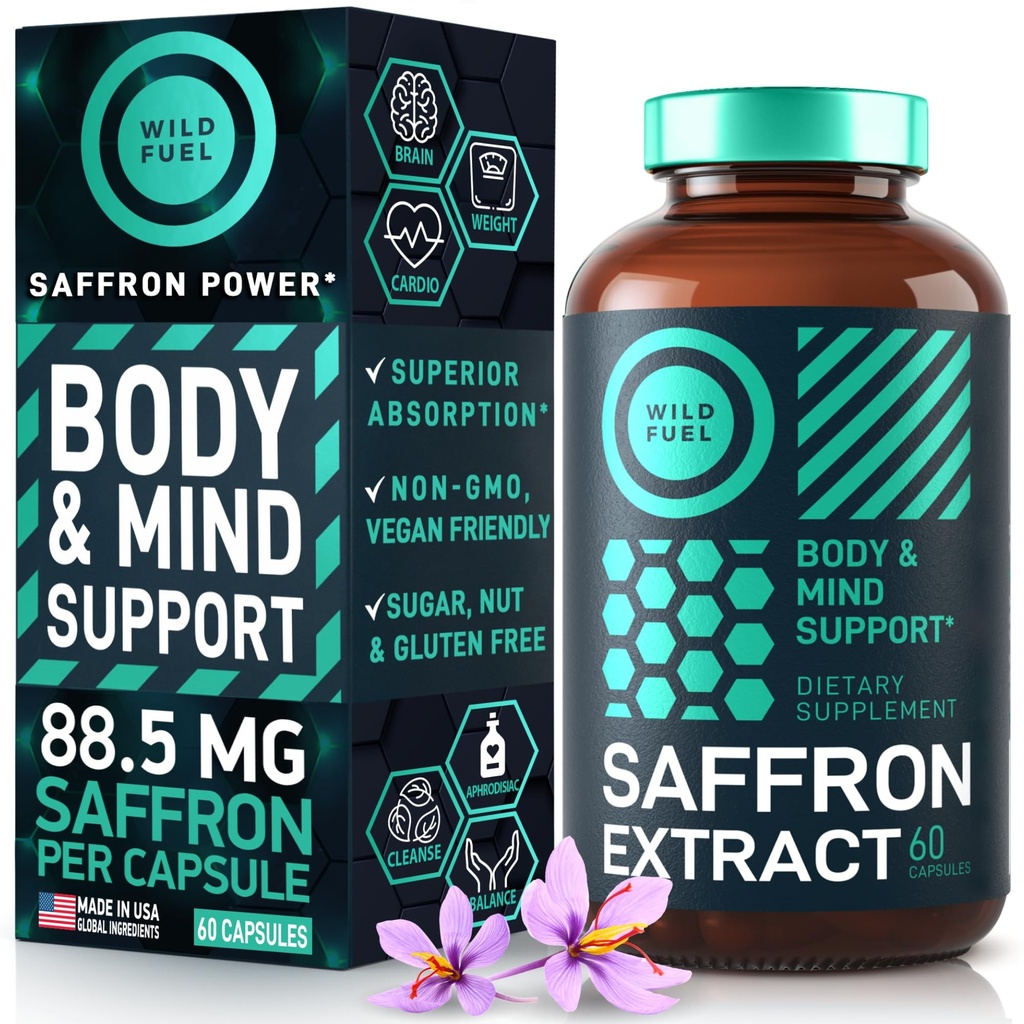 WILD FUEL Saffron Supplements for Women and Men - 88.5mg Pure Saffron Extract - Antioxidant, Eye Health, Energy Support and Mood Booster - Vegan, Made in USA, 60 Capsules Once Daily