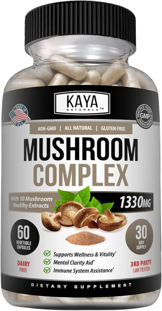 Kaya Naturalsプレミアムキノココンプレックスポテント - キノココンプレックスカプセル1330mgのサービング - エイドメンタルクラリティサポート免疫システム、ウェルネス&バイタリティ - 60カウント